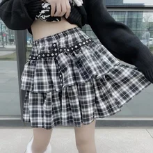 

FAKUNTN Gothic Mall Goth Plaid Skirt Women Harajuku Punk Rivet Black Double-layer High-waisted Mini Skirts Dark Academia Grunge