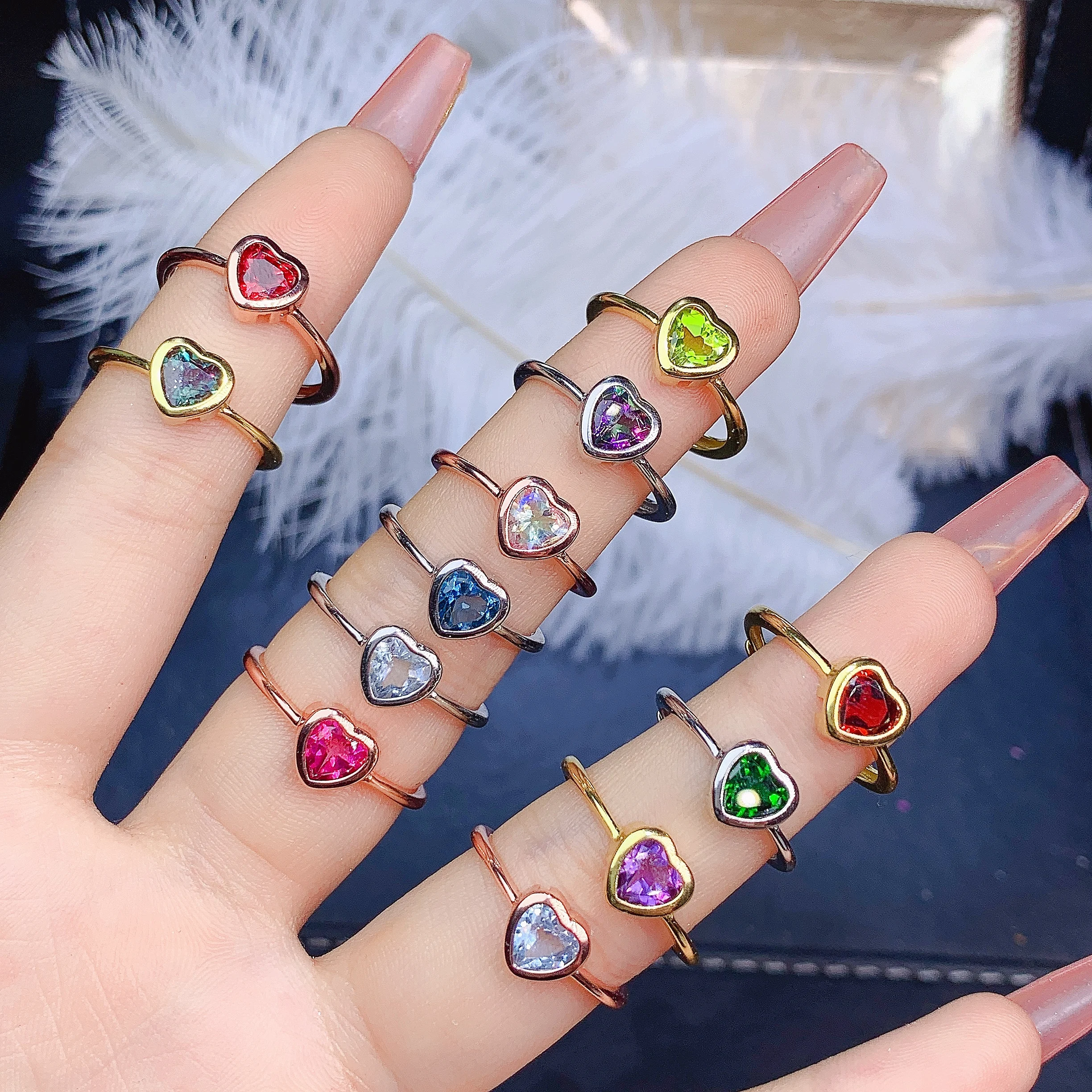 

Natural Gemstone Heart Ring Rhodolite Garnet, Alexandrite, Peridot, Mystic Topaz, London Blue Topaz, Aquamarine 925 Silver Rings