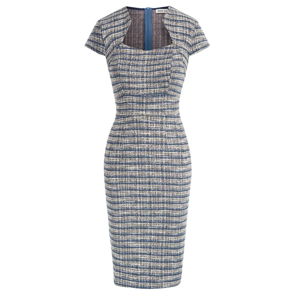GK Women Vintage Tweed Bodycon Dress Summer Cap Sleeve Square Neck Hips Wrapped Midi Dress Elegant Lady Work Outfits A30
GK Women Vintage Tweed Bodycon Dress Summer Cap Sleeve Square Neck Hips Wrapped Midi Dress Elegant Lady Work Outfits A30