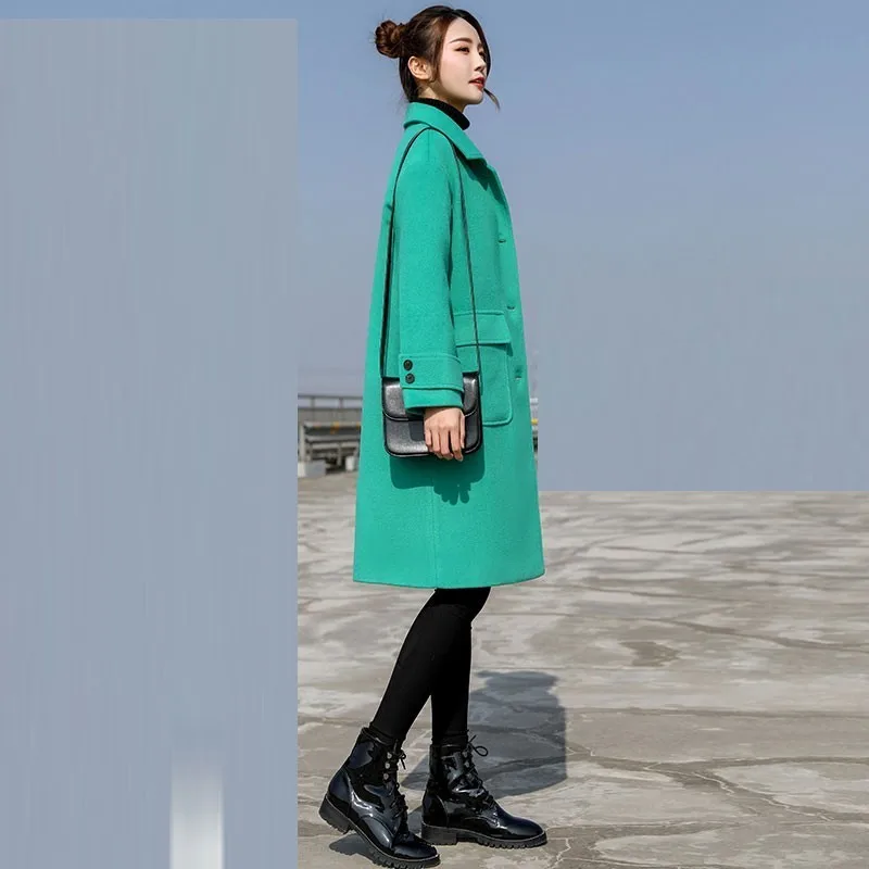 Женское однобортное пальто с длинным рукавом черное или зеленое повседневное