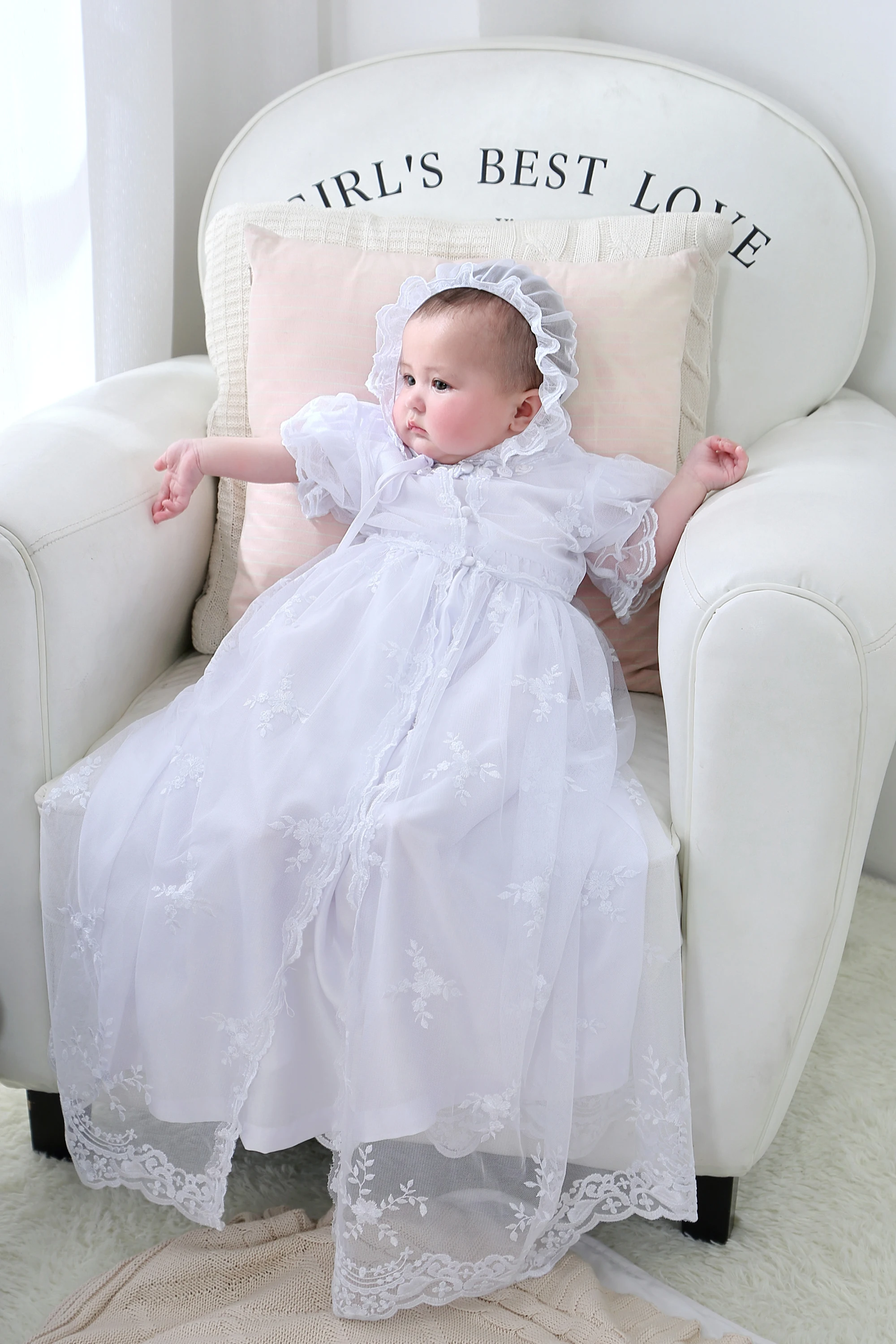 

Nimble Newborns Clothes Baby Girl Dress Three Pieces White Lace Embroidered Baptismal Floor-Length Christening Gowns