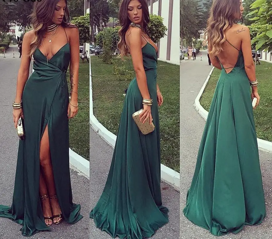 

2021 Green Spaghetti Straps Evening Dresses Long Backless Front Split Satin Formal Prom Party Gowns robe de soirée de mariage
