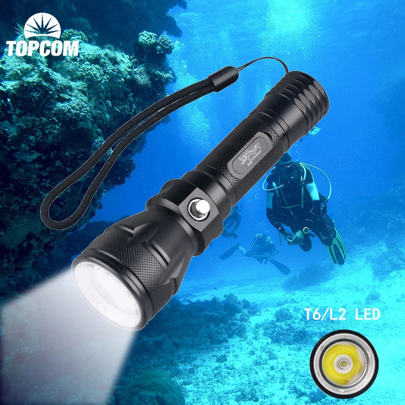 

TOPCOM Professional IP68 Scuba Diving Flashlight 10W XML-T6 LED Diving Light Underwater 50m Handheld Torch Linterna For Fishing