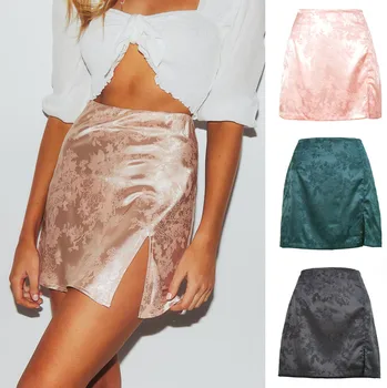 skirts womens Sexy Party Floral Print Zipper Slim High Waist Satin Split Mini Skirt faldas mujer moda 2020 юбка женская