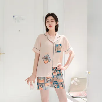 Korean Version Casual Satin Pajamas Set 2PCS Shirt&shorts Women Summer Short Sleeve Pijamas Suit Sleepwear Sexy Print Homewear 
Korean Version Casual Satin Pajamas Set 2PCS Shirt&shorts Women Summer Short Sleeve Pijamas Suit Sleepwear Sexy Print Homewear