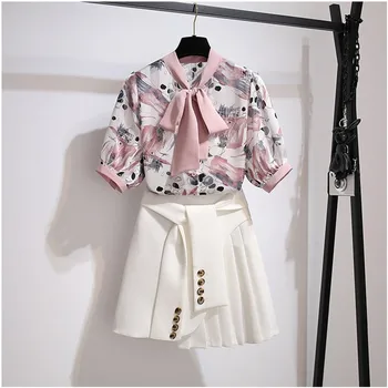 New Summer Shirt Skirt Set Half Sleeve Bowknot Print Blouse + white irregular Draped Short Skirts 2piece Sets office set
New Summer Shirt Skirt Set Half Sleeve Bowknot Print Blouse + white irregular Draped Short Skirts 2piece Sets office set