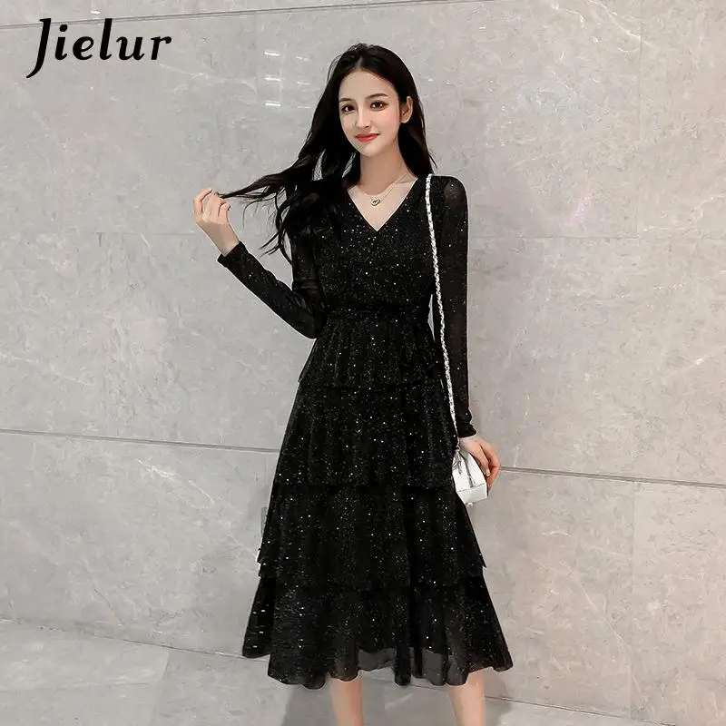 

Jielur Dress Black Mesh Sequin Women Elastic Waist Vintage Ruffle Cake S-5XL Size Sexy Club Dresses Long Sleeve Robe Femme