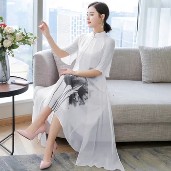 2020 New Summer Chinese Traditional Clothing for Women Elegant Party Ink Painting Print Chiffon Silk Cheongsam Dress Long Qipao 
2020 New Summer Chinese Traditional Clothing for Women Elegant Party Ink Painting Print Chiffon Silk Cheongsam Dress Long Qipao