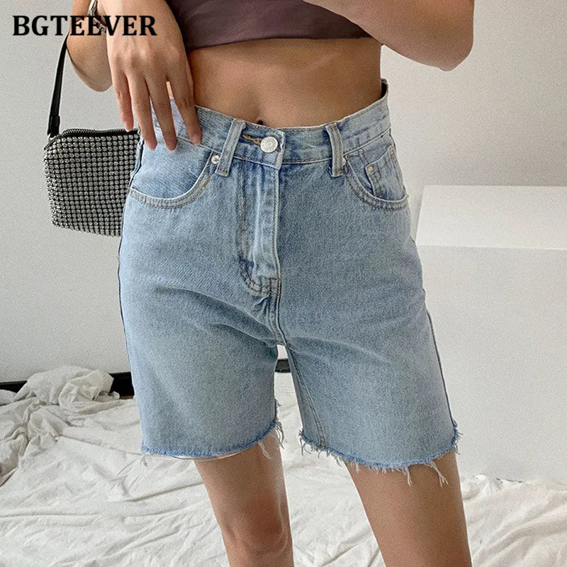 

BGTEEVER Vintage Ripped Edges Solid Straight Jeans Shorts for Women 2021 Summer Casual High Waist Loose Female Denim Shorts