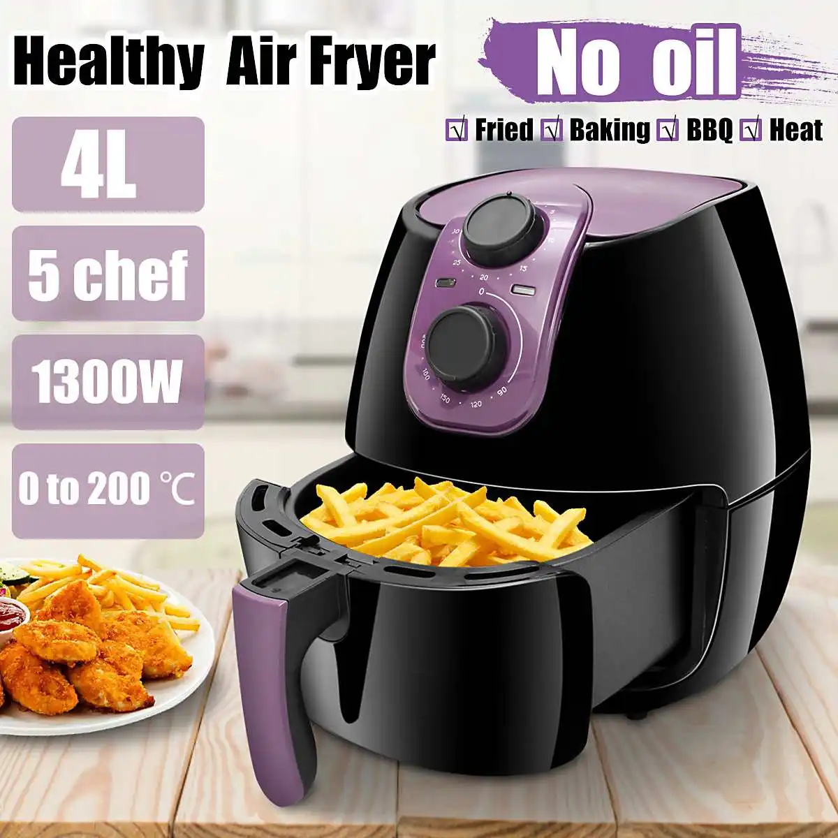 1300W 4L Household Air Fryer Oil-free Electric Deep Fryers French Fries Smokeless Kitchen Cooker Timer Temperature Kitchen Tools
1300W 4L Household Air Fryer Oil-free Electric Deep Fryers French Fries Smokeless Kitchen Cooker Timer Temperature Kitchen Tools