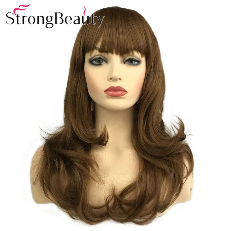 

StrongBeauty Long Wavy Wigs with Neat Bang Women Synthetic Hair Natural Wig 2 Colors for Choose