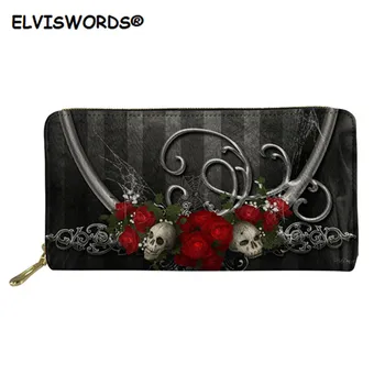 

ELVISWORDS Skull With Rose Print Long Women Wallets Dark Gothic Woman Handbag Luxury Leather Ladies Party Pusre f Phone Case