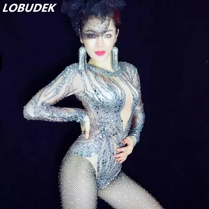 Блестящие черные Полные Стразы боди с имитацией обнаженного тела Performance костюм