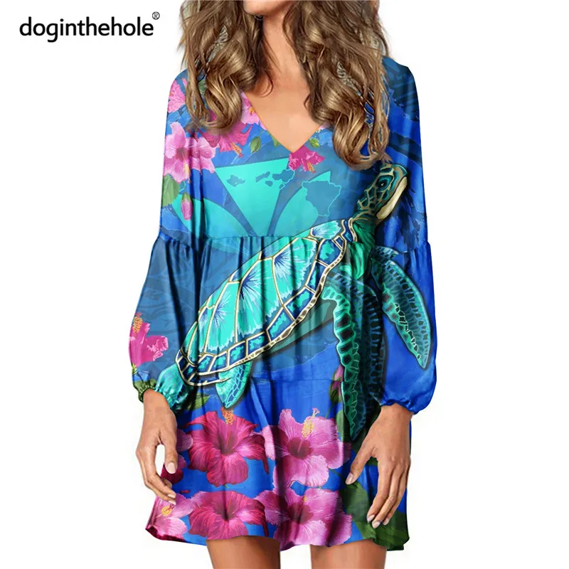 

Doginthehole Hawaii Honu Turtle Print Long Sleeve Ruffle Dress For Women's Casual Loose Swing Tunic Teen Girls Stylish V-Neck