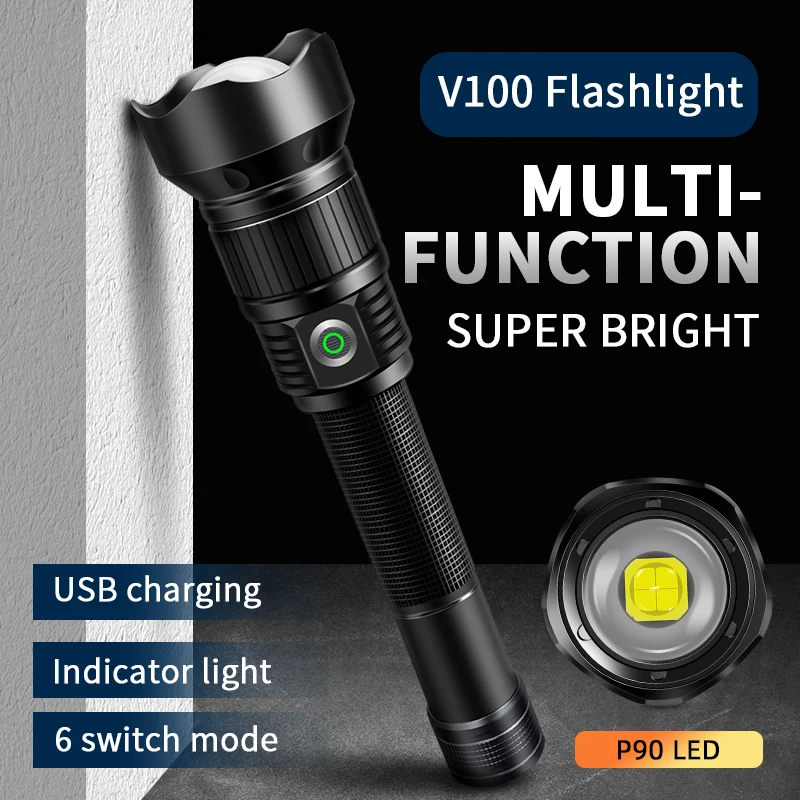 

Outdoor LED Rechargeable Tactical Flashlight V100 P90 Type-C Zoomable Brightest Torch Security Guard Floodlight Spotlight Light