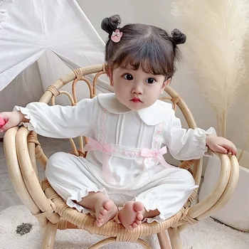 

Baby Girls Rompers Peter Pan Collar Infant Newborn Cotton Clothes Jumpsuit For 0-2Y Toddlers Bebe Outfits with 2 Bows pink white
