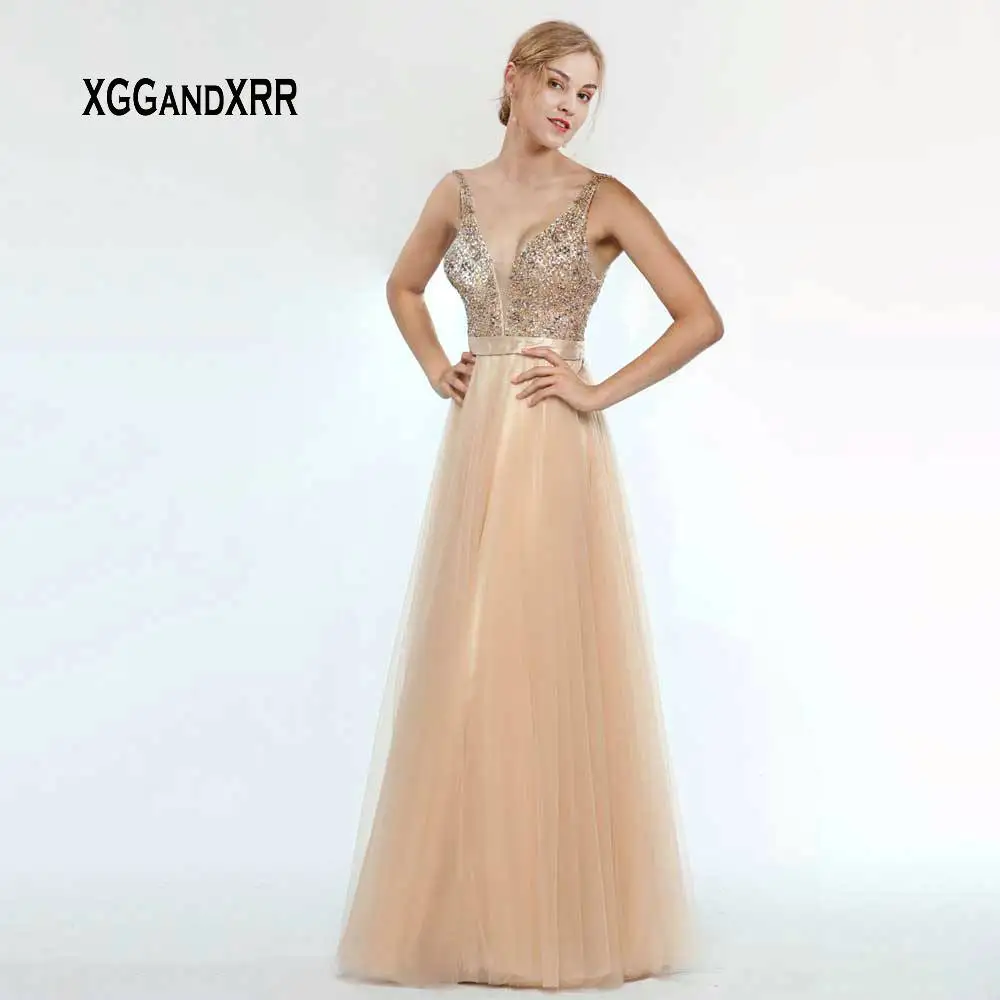 2019 Elegant Long Champagne A Line Prom Dresses V Neck Beading Formal Lady Party Dress Backless Tulle Evening Gowns Women Dress
2019 Elegant Long Champagne A Line Prom Dresses V Neck Beading Formal Lady Party Dress Backless Tulle Evening Gowns Women Dress