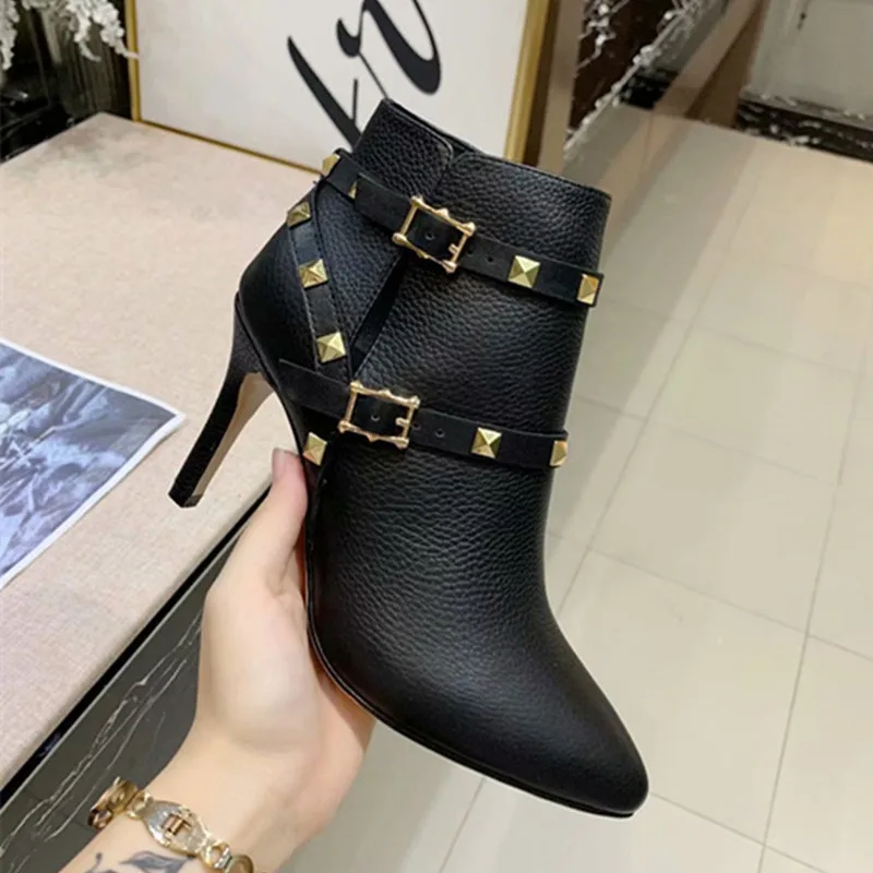 

Winter Boots Women High Heels Botines Mujer 2020 Genuine Leather Buckle Bota Feminina Sexy Rivets Ladies Shoes Zapatos De Mujer