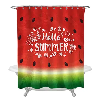

Tropical Fruit Decor Shower Curtain Set with Hooks, Tasty Watermelon Hello Summer Watercolor Seasonal Home Aceesoories, Beach