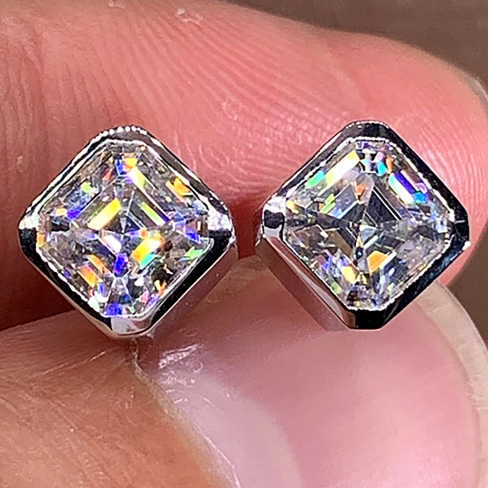 

Custom Solid 18K White Gold Stud Earrings Women 0.5 1 2 3 Carat Asscher Square Moissanite Diamond Wedding Anniversary Engagement