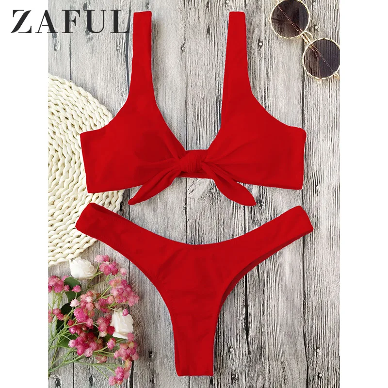 

ZAFUL Bikini Knotted Padded Thong Bikini Set Women Swimwear Swimsuit Scoop Neck Solid High Cut Bathing Suit Brazilian Biquni