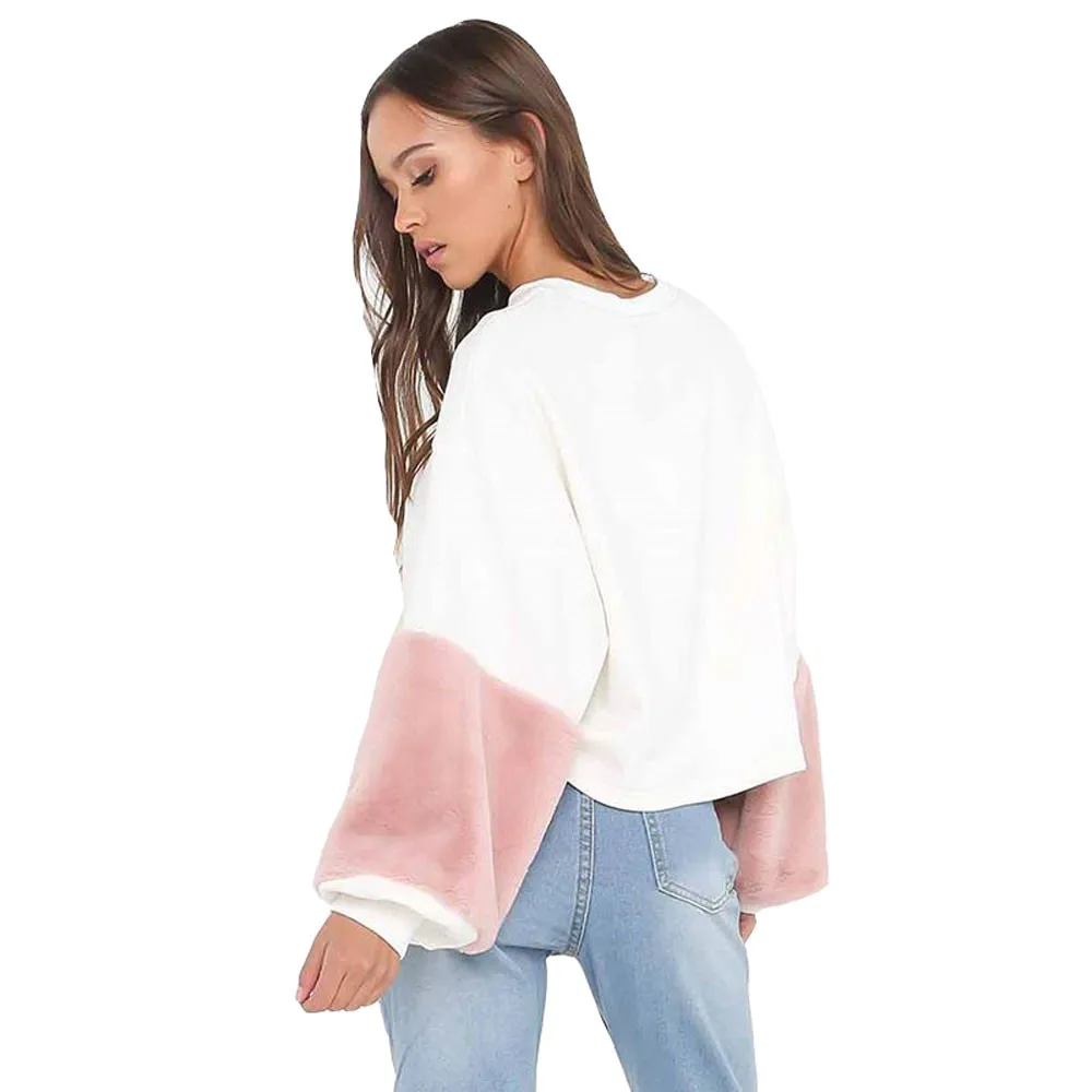 JAYCOSIN Fashion Women Casual Simple White Plush Sleeves Loose Sweatshirt European Comfortable Soft Pullover Top Blouse