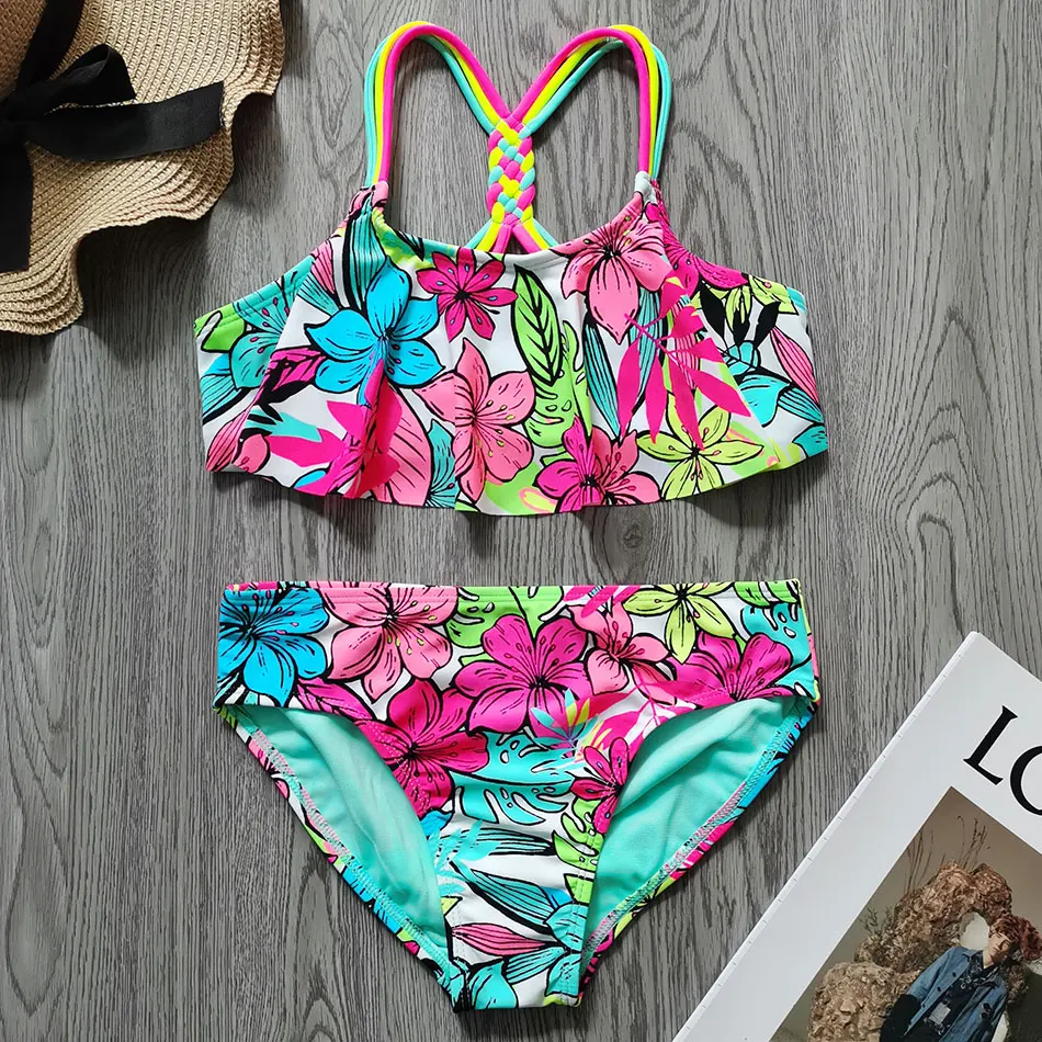 

Floral Girl Swimsuit Kids Flounce Two Piece Children's Swimwear 5-18 Years Teenage Girl Bikini Set Girls Bathing Suit Beachwear