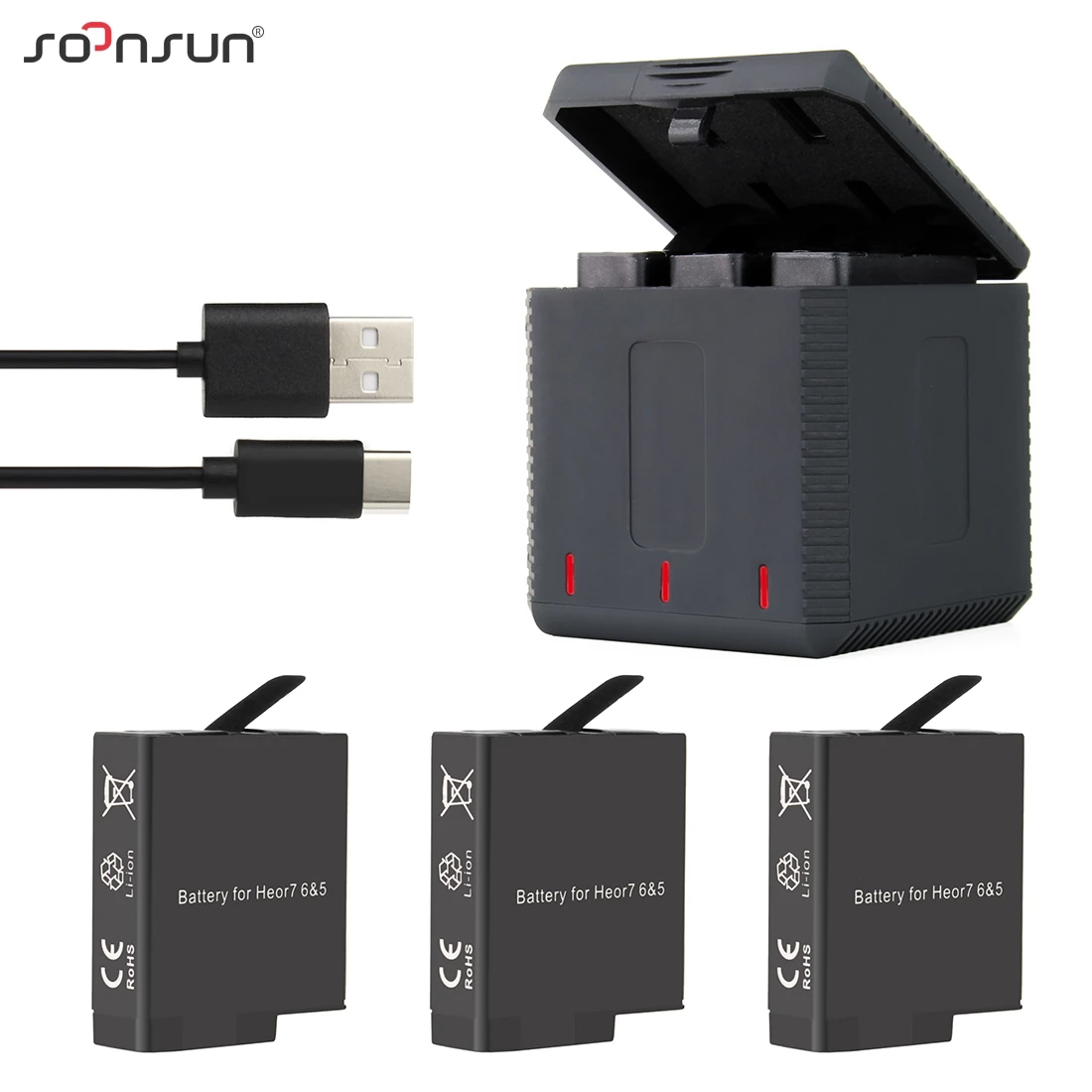 SOONSUN 3 Pack Battery with Triple Battery Charging Charger Box with Type-C Cable for GoPro Hero 7 6 5 Black Go Pro Accessories
SOONSUN 3 Pack Battery with Triple Battery Charging Charger Box with Type-C Cable for GoPro Hero 7 6 5 Black Go Pro Accessories