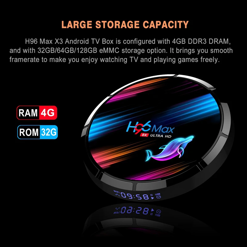 H96 MAX X3 Android 9.0 Smart TV Box 4G+32G Wireless IPTV Box 8K 4K USB Set Top Box WiFi 5G for Netflix Youtube Google Play US Pl
H96 MAX X3 Android 9.0 Smart TV Box 4G+32G Wireless IPTV Box 8K 4K USB Set Top Box WiFi 5G for Netflix Youtube Google Play US Pl