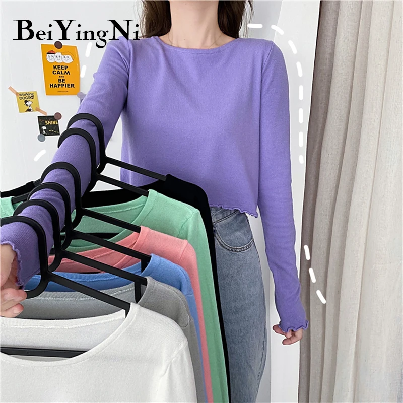 Beiyingni укороченные топы с длинным рукавом женские тонкие вязаные свитера