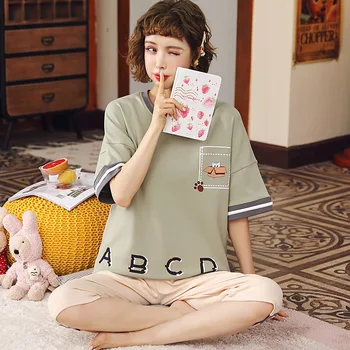Pajamas Women Summer Cotton Short-sleeved Cropped Pants Suit Korean Version Cute Summer Sweet Casual Home Clothes Two-piece Suit
Pajamas Women Summer Cotton Short-sleeved Cropped Pants Suit Korean Version Cute Summer Sweet Casual Home Clothes Two-piece Suit