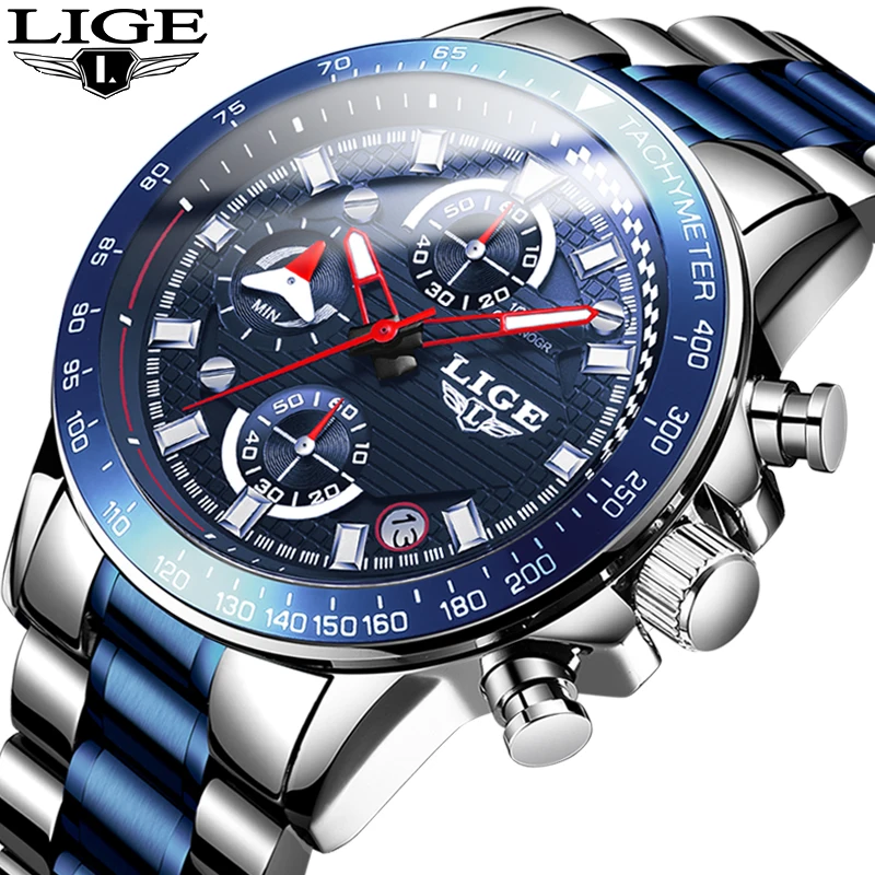 Часы наручные LIGE Мужские кварцевые с хронографом модные брендовые Роскошные