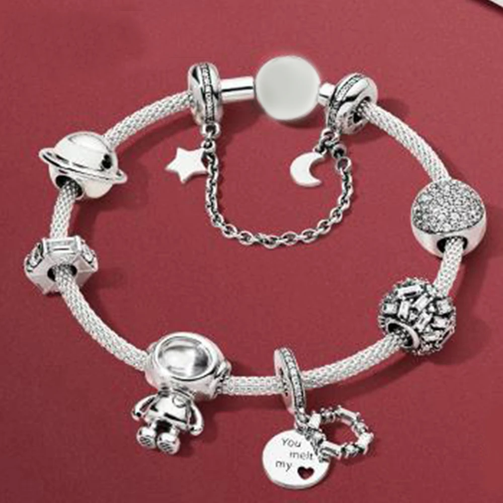 2019 NEW 100% 925 Sterling Silver Winter Bracelet Set Planet of Love Astronaut Charm PAVE SPHERE Bead CHARM Galaxy Safety Chain 
2019 NEW 100% 925 Sterling Silver Winter Bracelet Set Planet of Love Astronaut Charm PAVE SPHERE Bead CHARM Galaxy Safety Chain