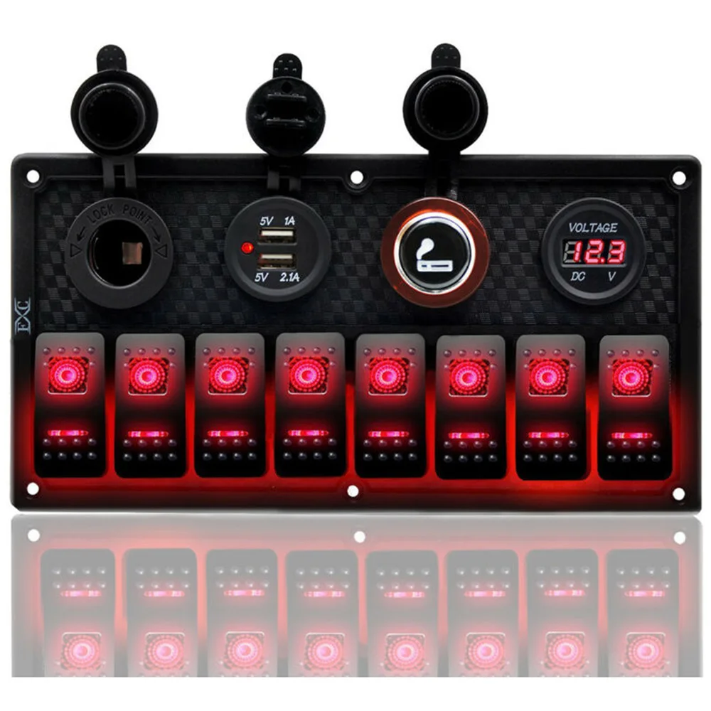8 Gang Switch Panel Marine Boat Rocker LED Voltage Display 1A 2.1A Dual USB Charger+Cigarette Lighter For Truck Boat Car Ship
8 Gang Switch Panel Marine Boat Rocker LED Voltage Display 1A 2.1A Dual USB Charger+Cigarette Lighter For Truck Boat Car Ship