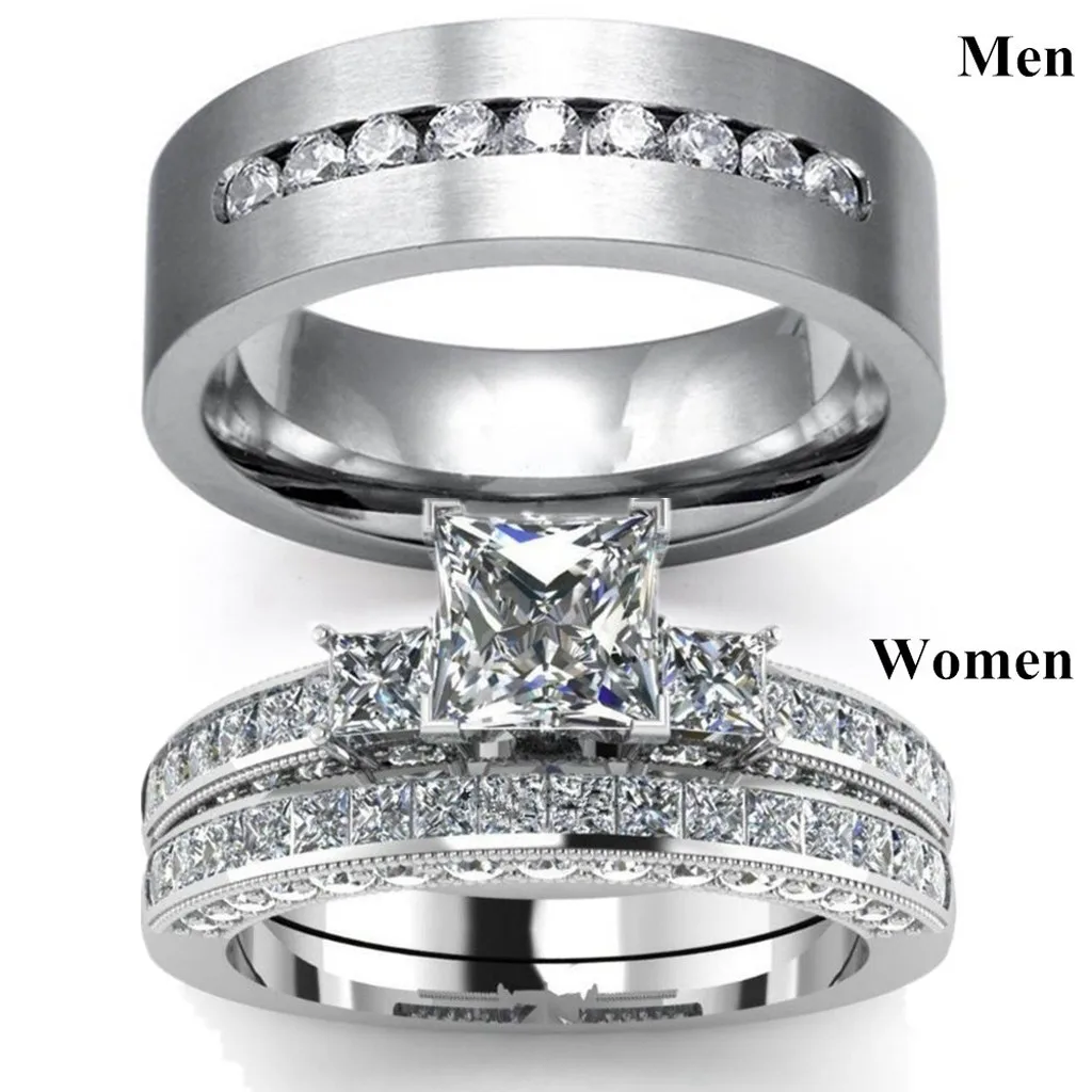 Fashion Couple Rings Vintage Cubic Zirconia Crystal Silver Anniversary Gift Band Ring Set Women Jewelry Engagement Wedding | Украшения и