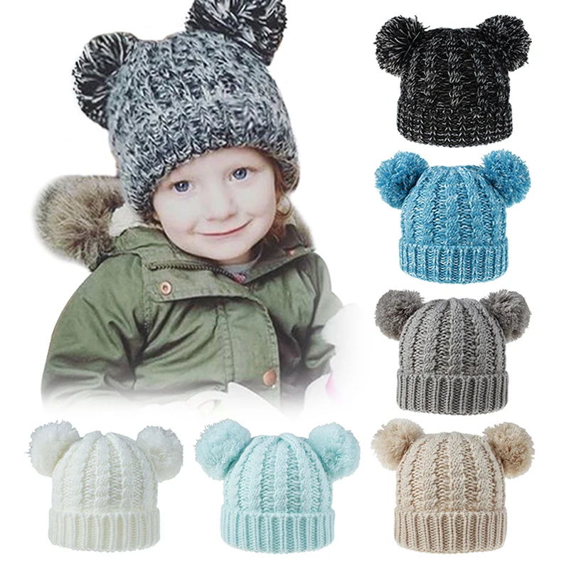 

Children Winter Infant Newborn Kids Baby Wool Knitted Hat Cap Beanie With Two Double Pom Pom Beanie For Cute Boys Girl 1-3Years