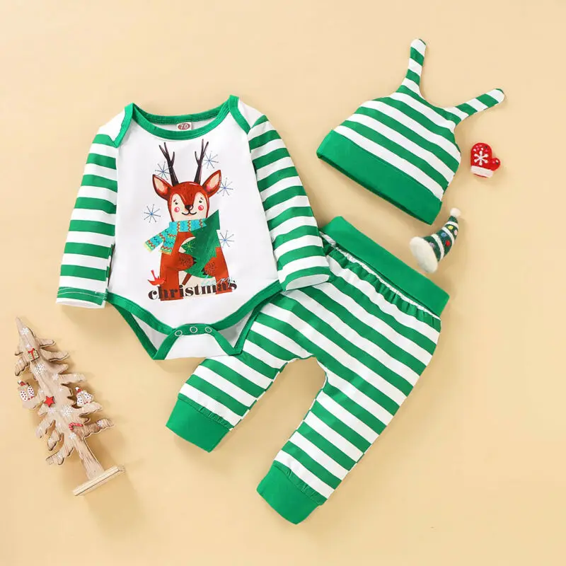 Фото 2020 Xmas Newborn Baby Boys Girls Christmas Romper Stripe Long Pants Clothes Outfits Set Green Overalls Infant Pajamas | Мать и ребенок