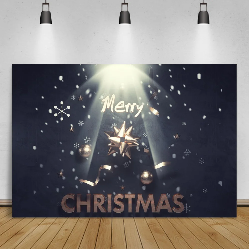 

Laeacco Merry Christmas Photography Backdrop Gold Balls Ribbon Falling Snowflake Poster Family Child Photocall Background Banner