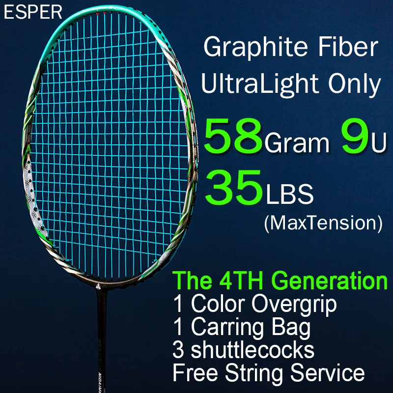 Esper 58Gram Badminton Racket 9U Ultralight Carbon Fiber High Quality Graphite Racquet Professional With String Bag Overgrip
Esper 58Gram Badminton Racket 9U Ultralight Carbon Fiber High Quality Graphite Racquet Professional With String Bag Overgrip
