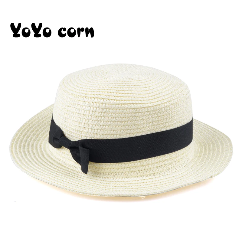 

YOYOCORN simple Summer Parent-child Beach Hat Female Casual Panama Hat Lady Brand Women Flat brim Bowknot Straw cap girl Sun Hat