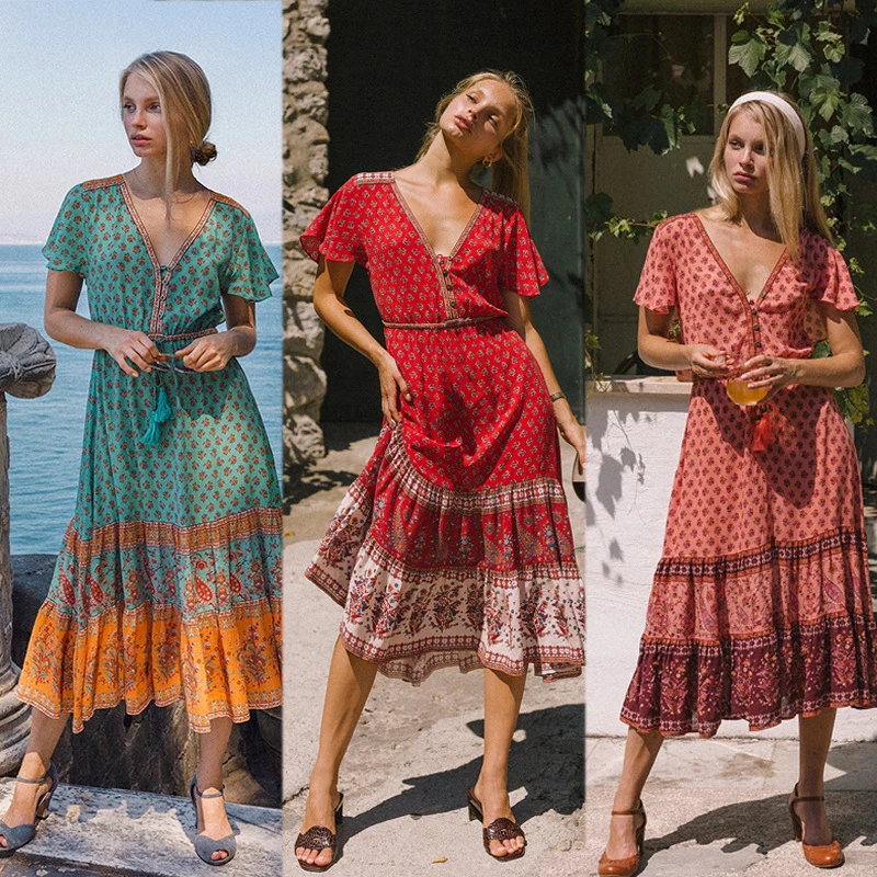 Lady Short Sleeve Summer Boho Long Dress Women Girdle Waist V Neck Print Loose Dresses Party Fashion Jupe Clothing
Lady Short Sleeve Summer Boho Long Dress Women Girdle Waist V Neck Print Loose Dresses Party Fashion Jupe Clothing