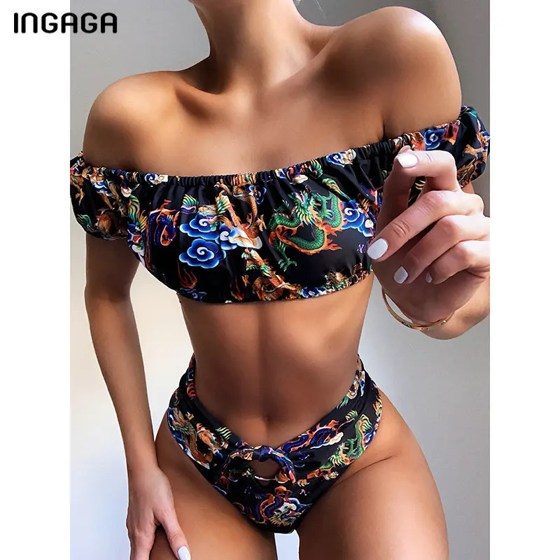 

INGAGA 2020 Bandeau Bikinis High Waist Swimwear Women High Cut Biquini Print Ruched Swimsuit New Summer Beach Bathing Suit