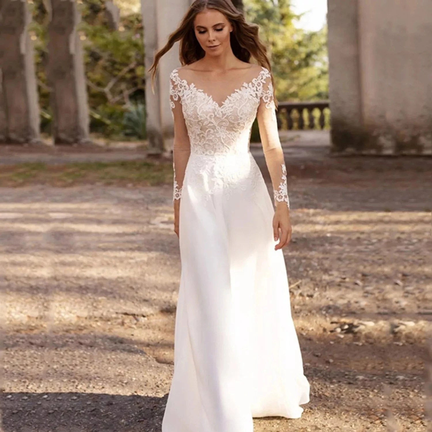 Long Sleeve Lace Appliques Chiffon Boho Wedding Dresses 2021 Sweep A-Line Bride Dress Bohemian White vestidos de noiva
Long Sleeve Lace Appliques Chiffon Boho Wedding Dresses 2021 Sweep A-Line Bride Dress Bohemian White vestidos de noiva