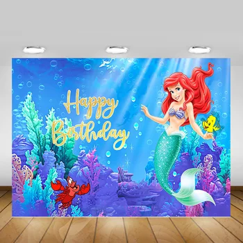 Photography Backdrop Little Mermaid Happy Birthday Background Under the Sea Mermaid Party Decoration Backdrop Cartoon Coral Prop
