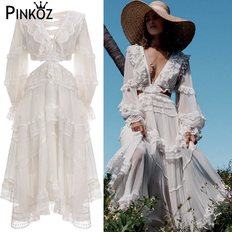 Pinkoz Luxury Designer Sexy Deep V-Neck Lace Ruffles Hollow Out Backless Long Dress Vacation Boho White Max Dress New Arrival
Pinkoz Luxury Designer Sexy Deep V-Neck Lace Ruffles Hollow Out Backless Long Dress Vacation Boho White Max Dress New Arrival