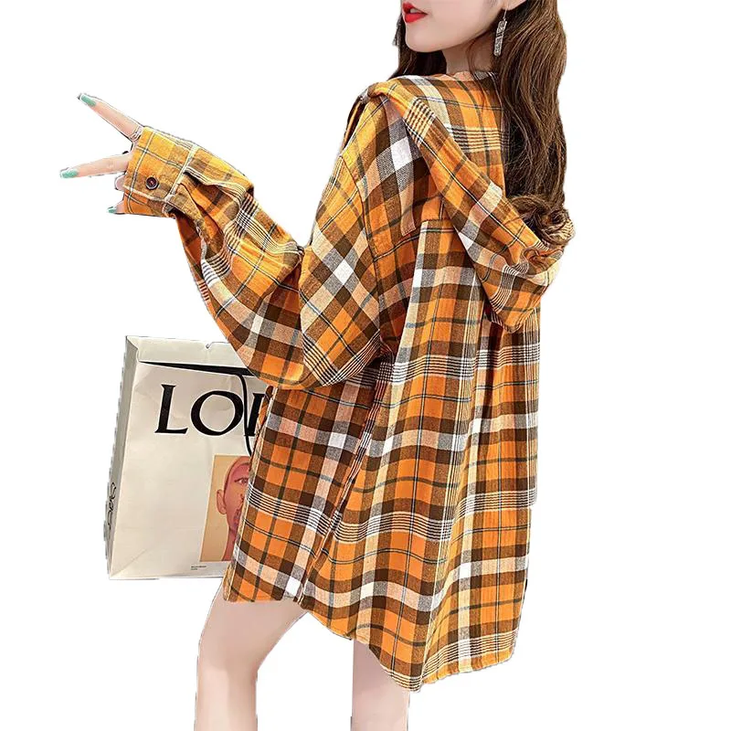 

Women's Hooded Coat Outerwear Loose Plaid Shirt Tops 2021 Spring Autumn New Long-Sleeved Mid-Length Trench Coat Female Overcoat