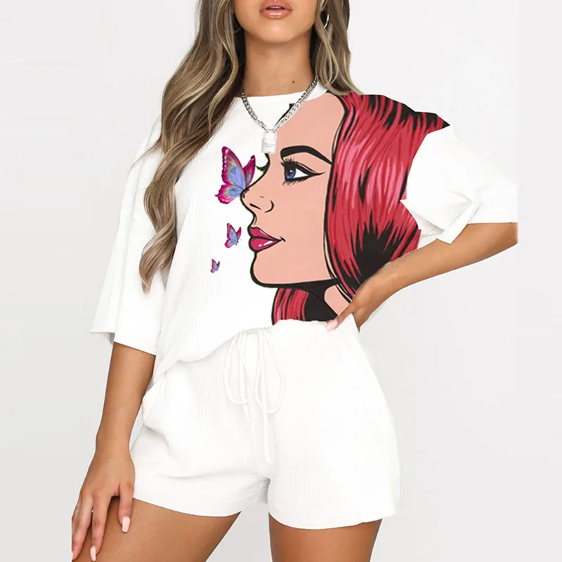 Streetwear Outfit Harajuku Women Cartoon Shirt Short Sleeve Chic Print Plus Sweatpants Set JKP4728