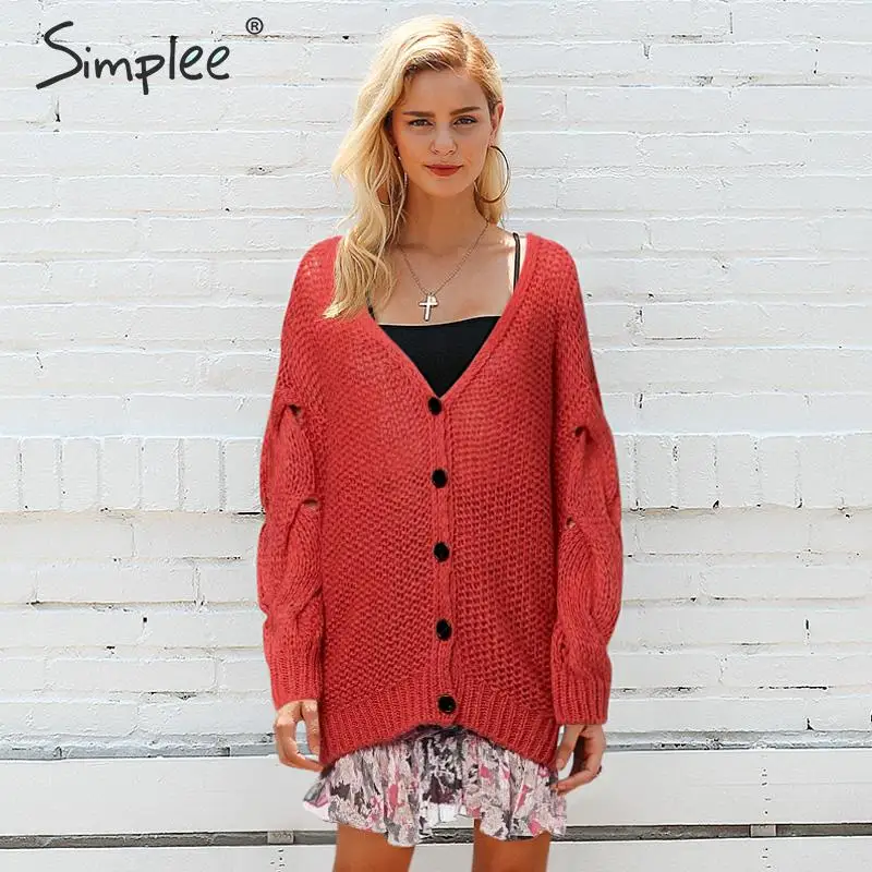 

Simplee Casual buttons knitted cardigan women Sexy V-neck hollow out cardigan 2019 Autumn female Solid weaving long cardigans