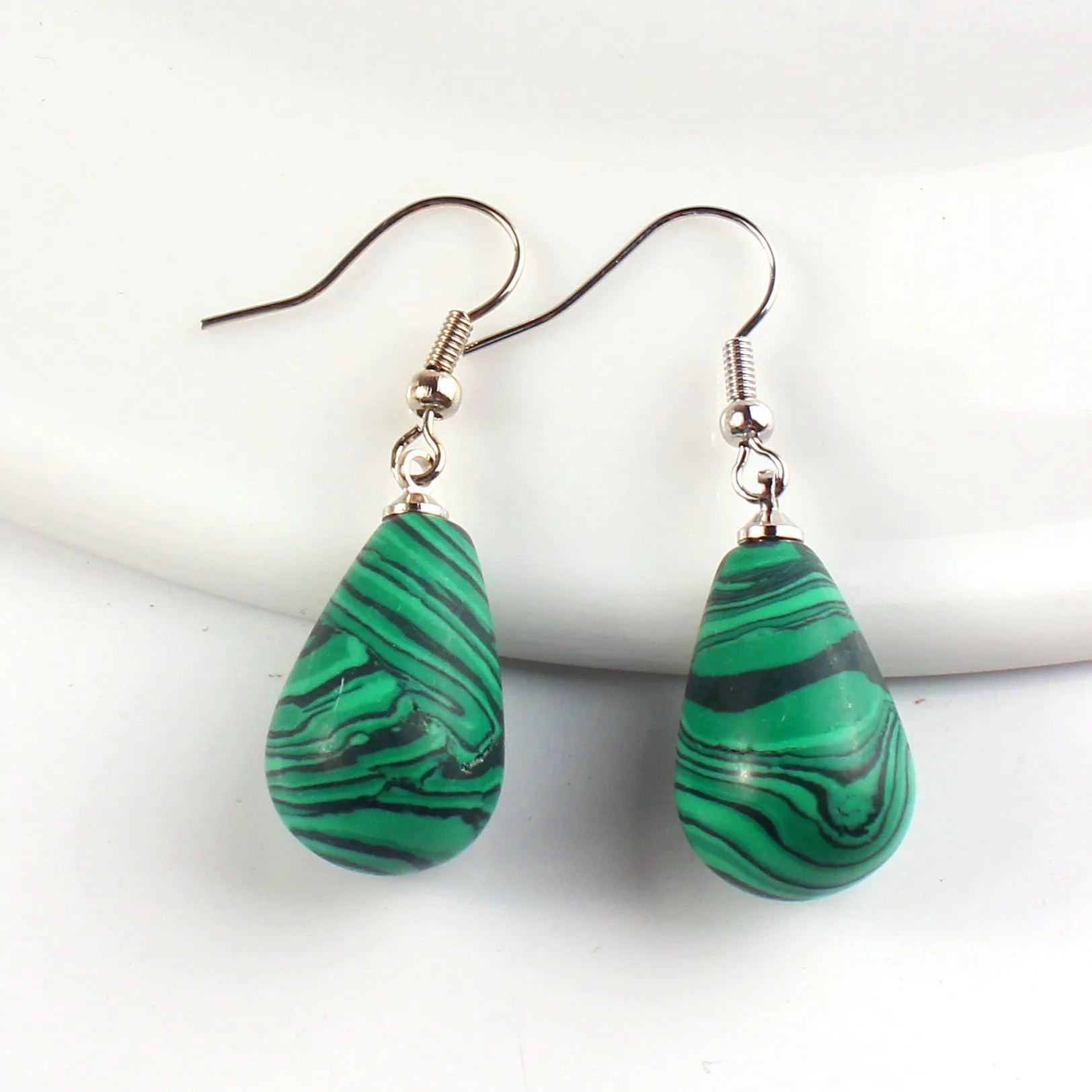 FYJS Unique Silver Plated Summer Style Water Drop Malachite Stone Earrings Modern Accessories