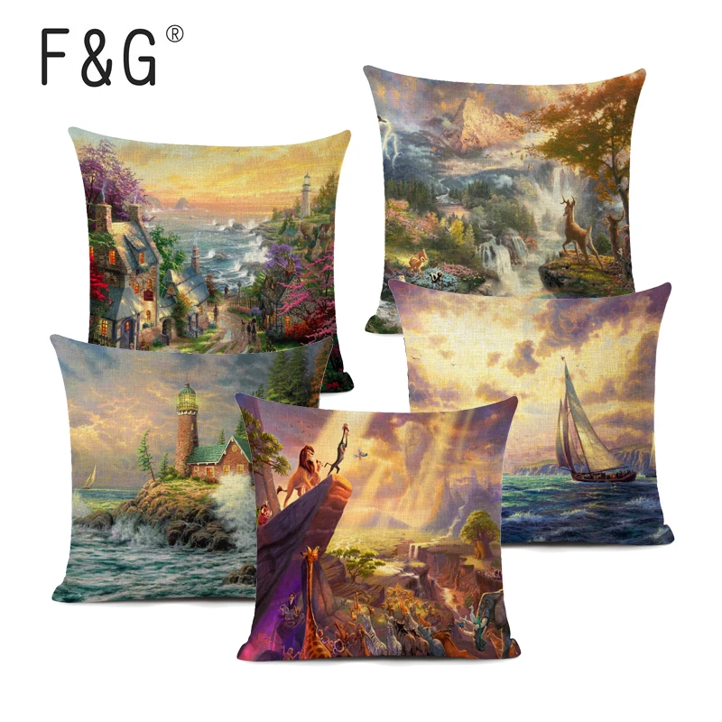 

Thomas Rural Forest Scenic Dreamy Village Town Scene Sailboat Lighthouse Sofa Decoration Pillow Case Scenery Cushion Cover